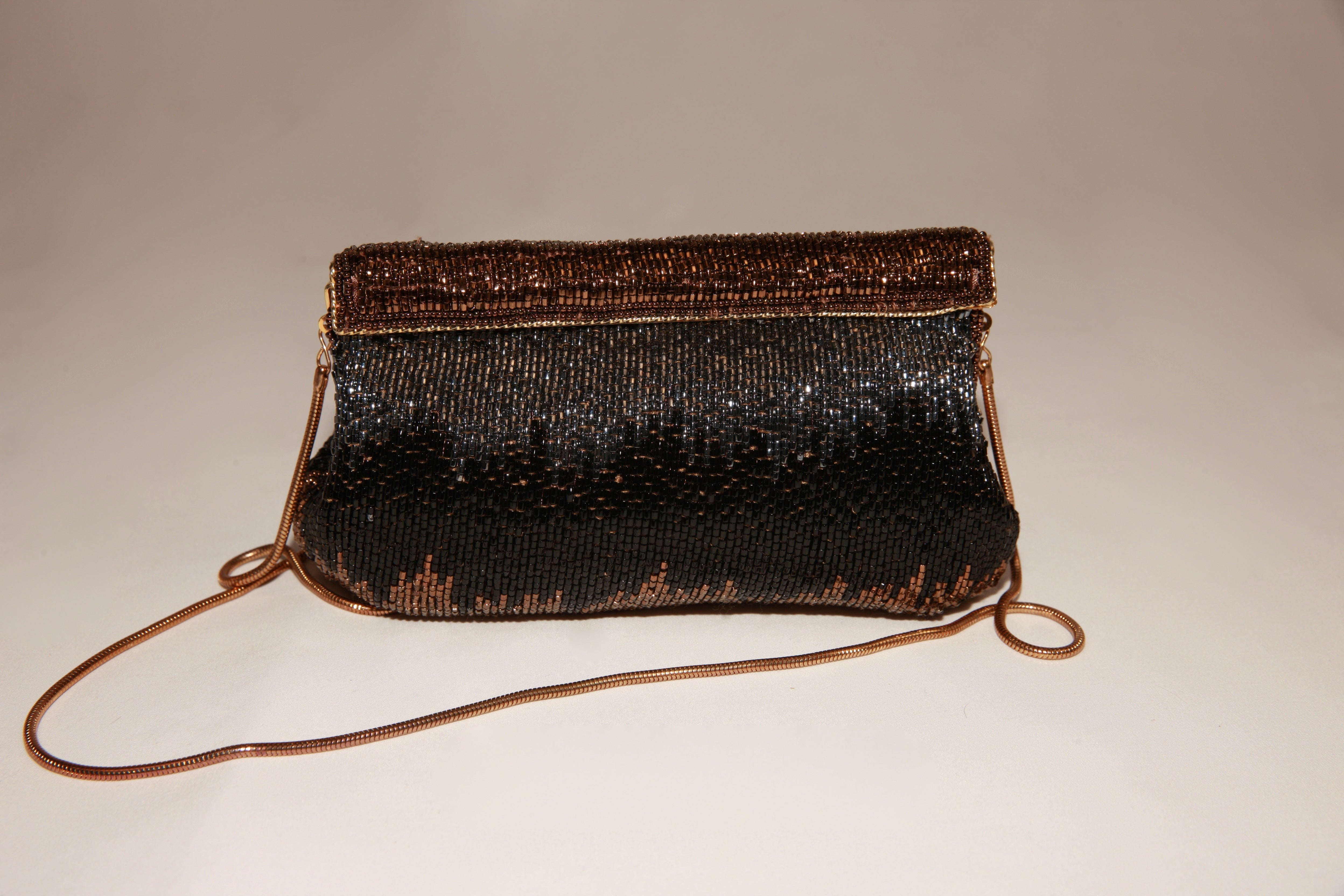 VNTG Hand-Beaded Black & Bronze Evening Clutch
