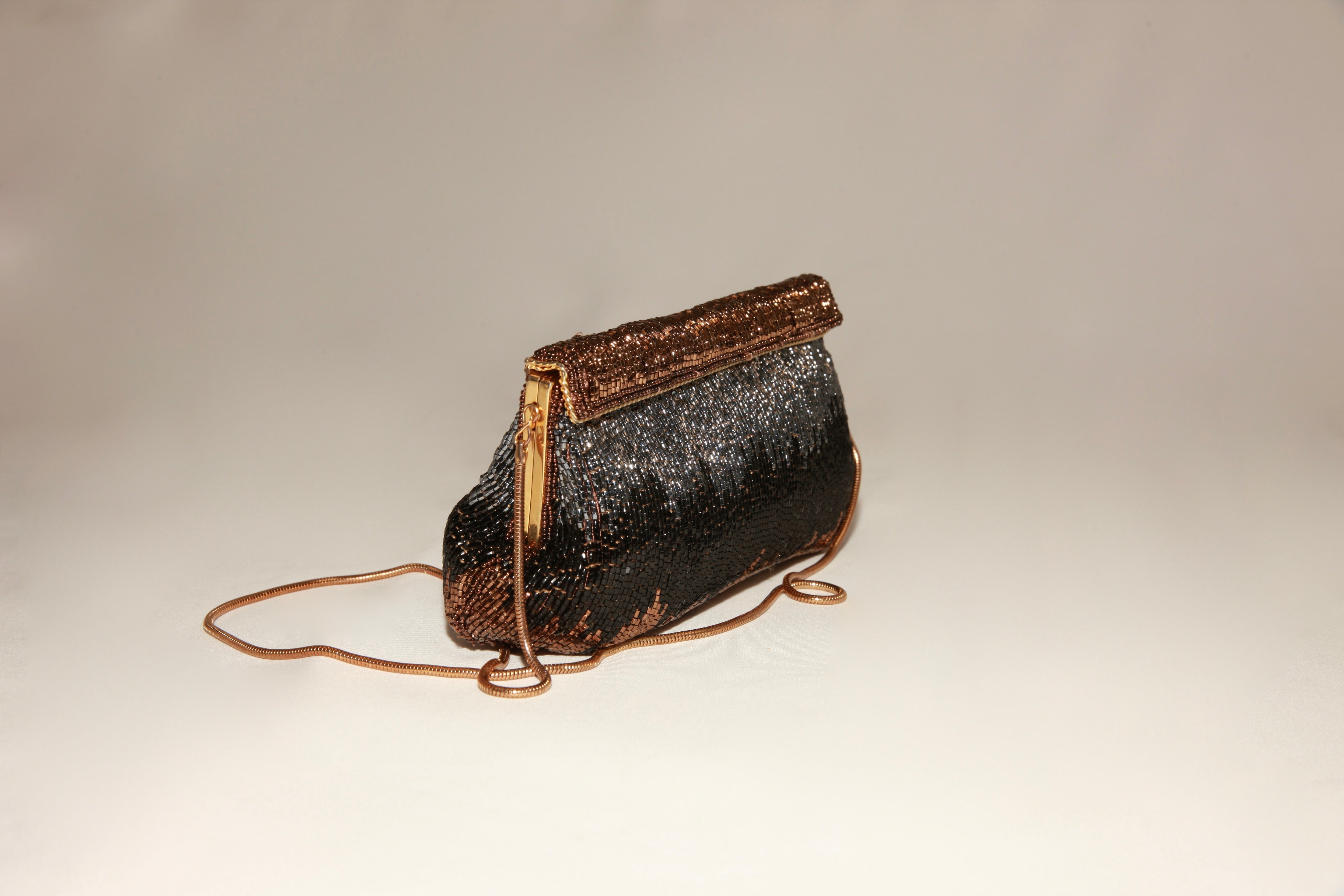 VNTG Hand-Beaded Black & Bronze Evening Clutch