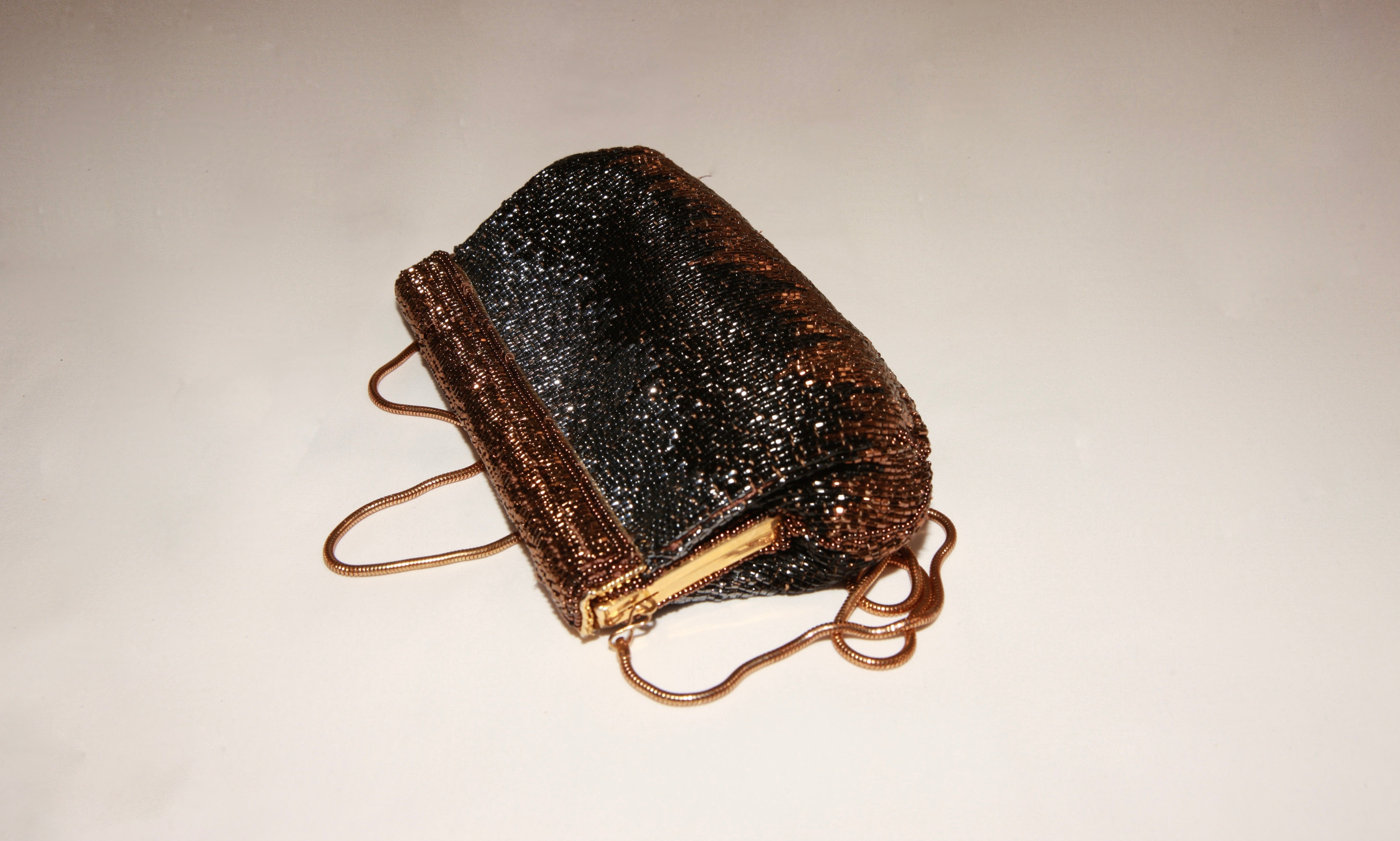VNTG Hand-Beaded Black & Bronze Evening Clutch