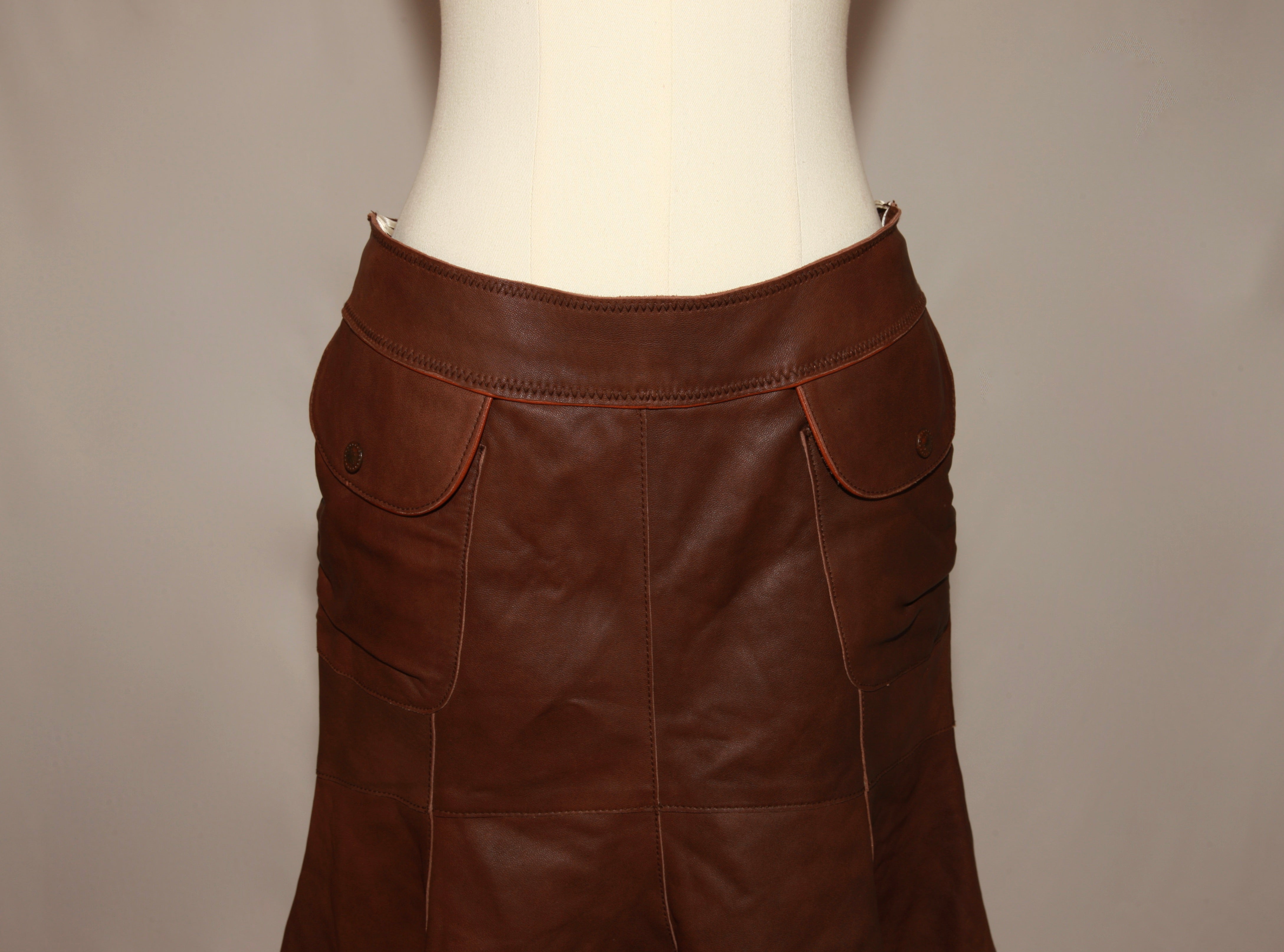 VNTG June Cognac Leather Midi Skirt - Size 4