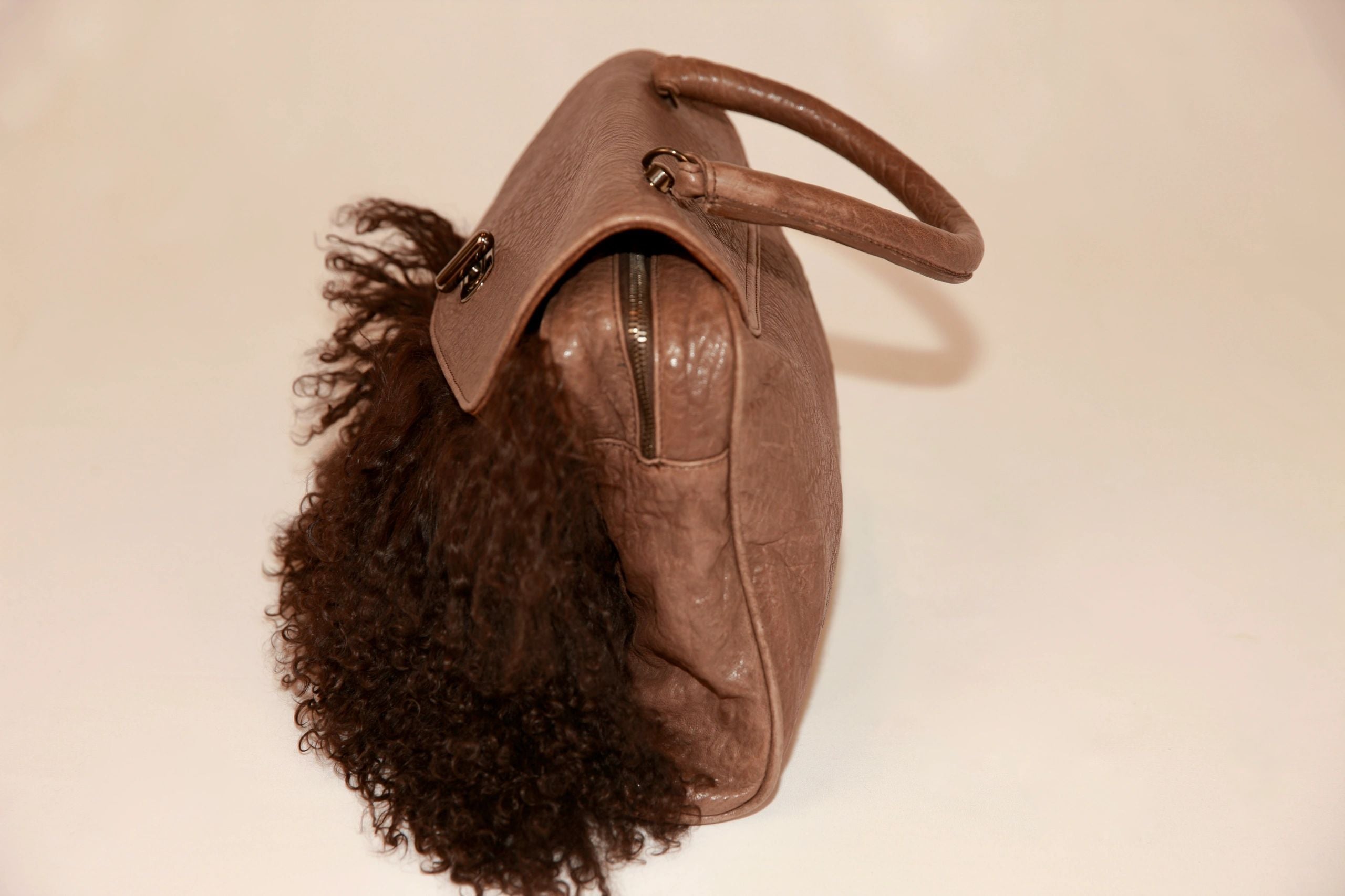 VNTG Cassandra Los Angeles Brown Fur Leather Satchel