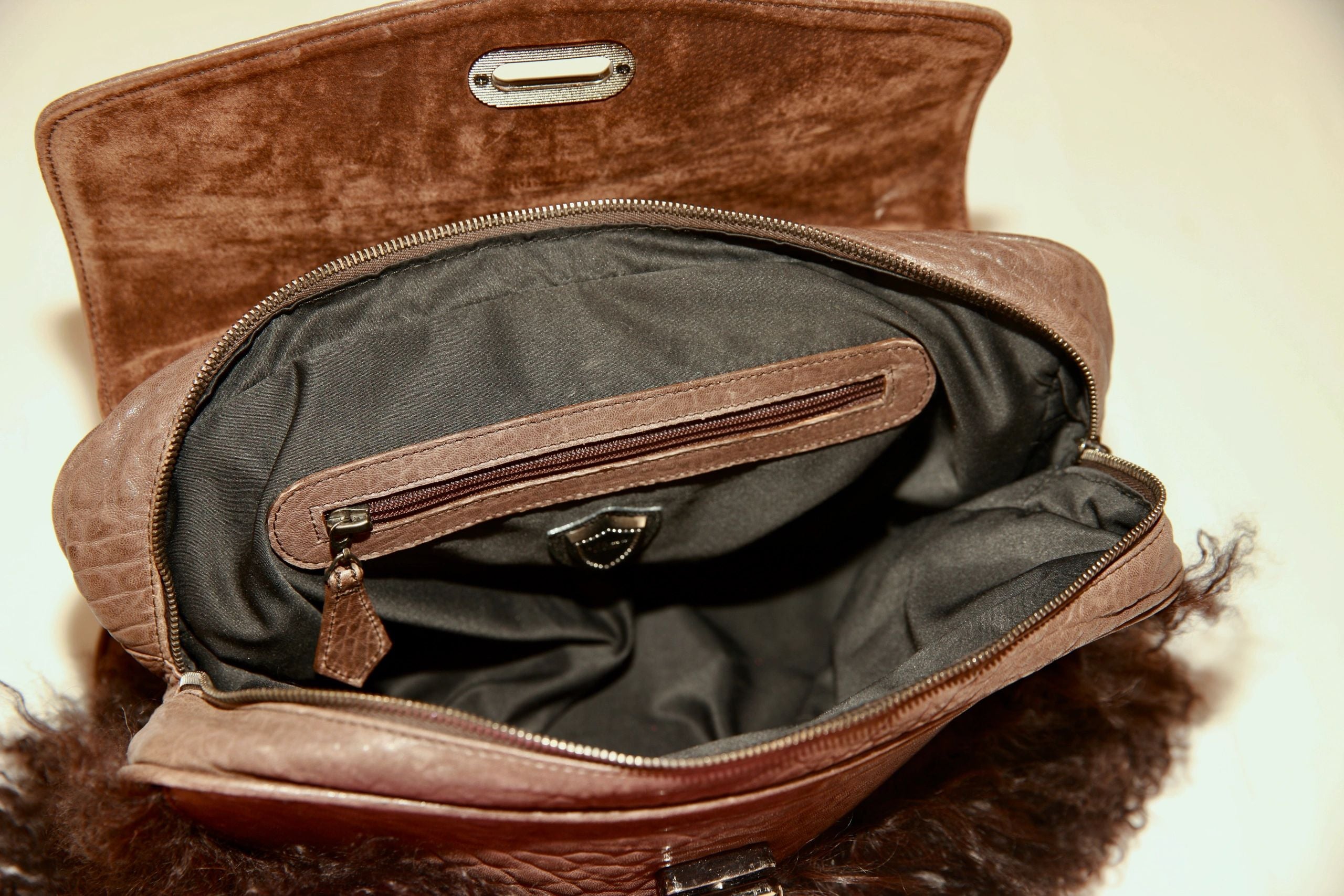 VNTG Cassandra Los Angeles Brown Fur Leather Satchel