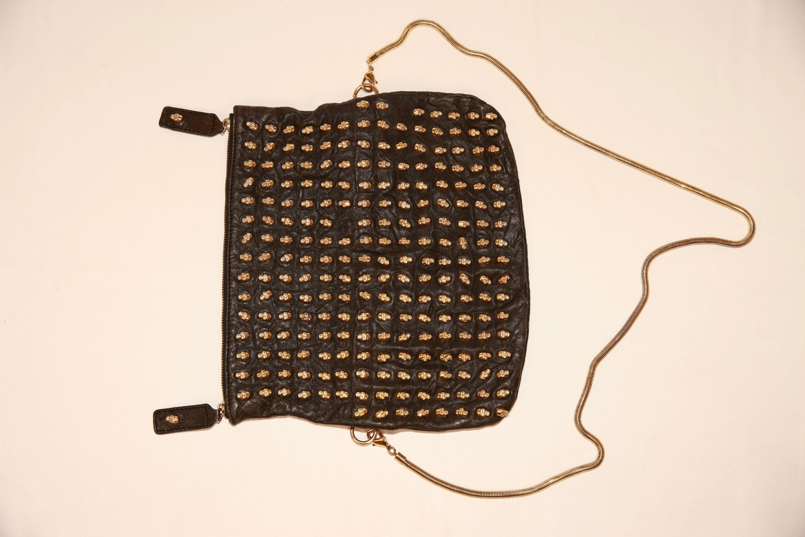 VNTG Thomas Wylde Black Leather Gold Skull Stud Crossbody