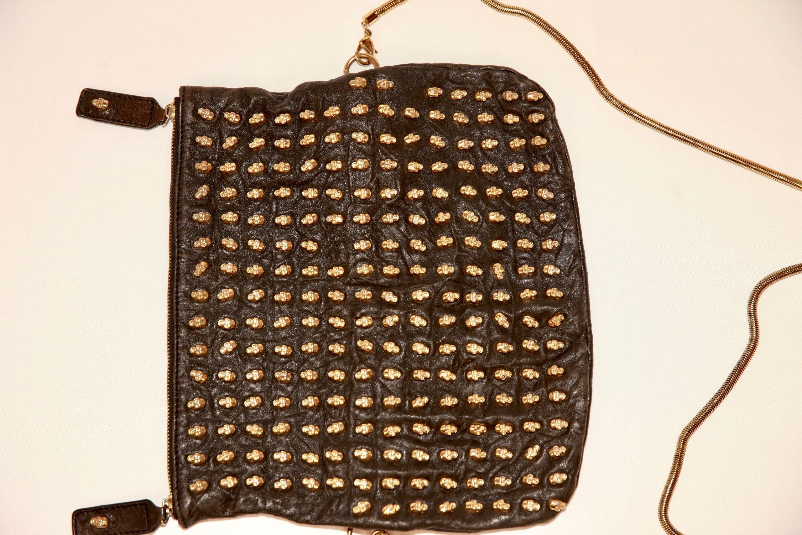 VNTG Thomas Wylde Black Leather Gold Skull Stud Crossbody