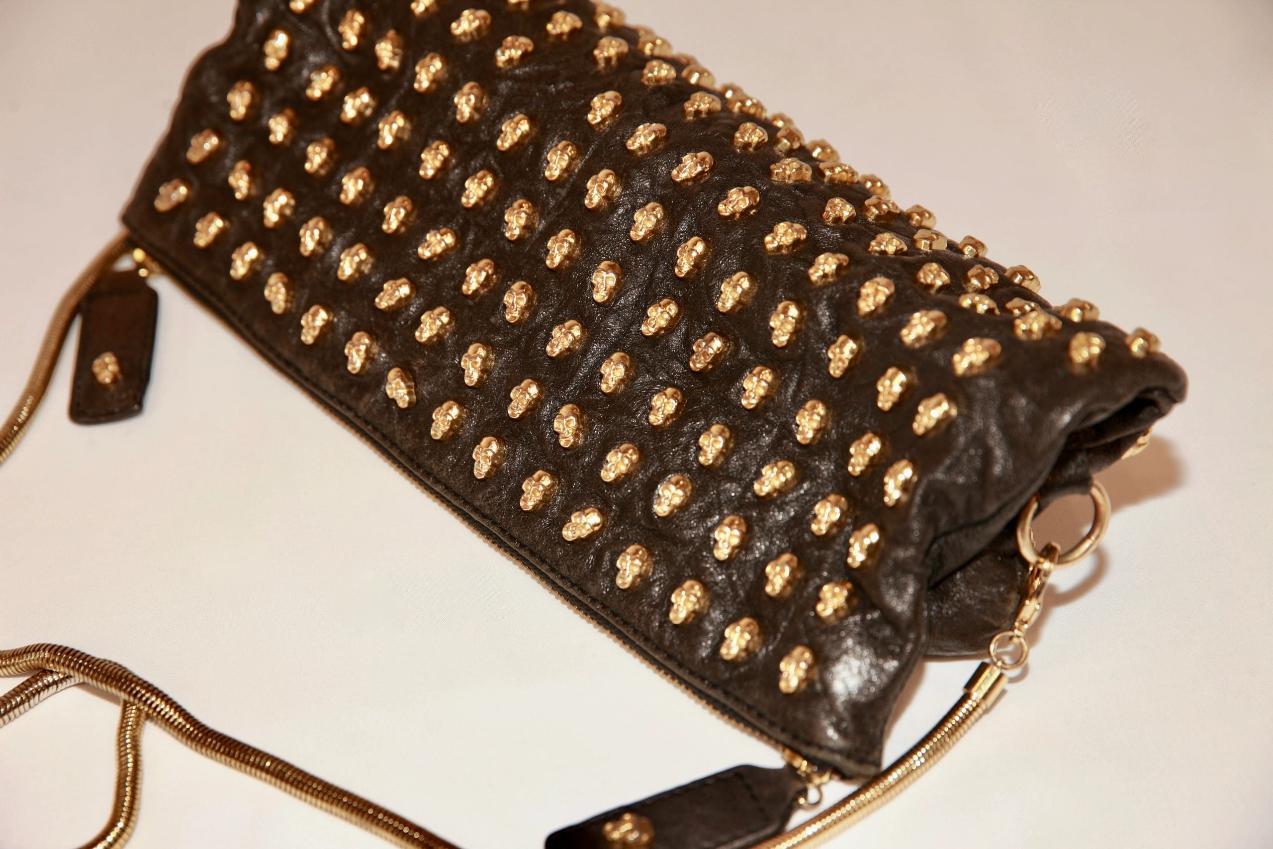VNTG Thomas Wylde Black Leather Gold Skull Stud Crossbody