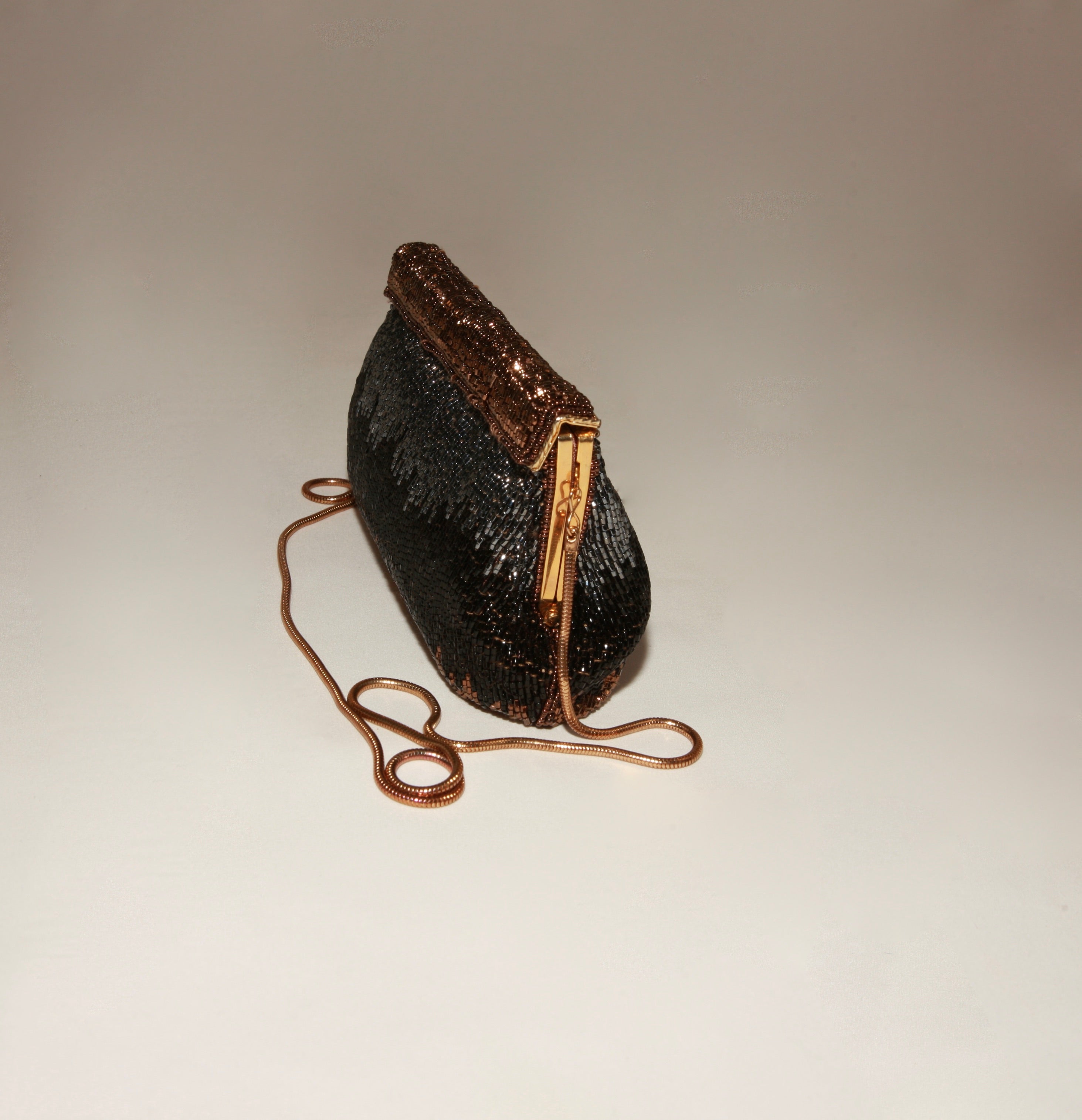 VNTG Hand-Beaded Black & Bronze Evening Clutch