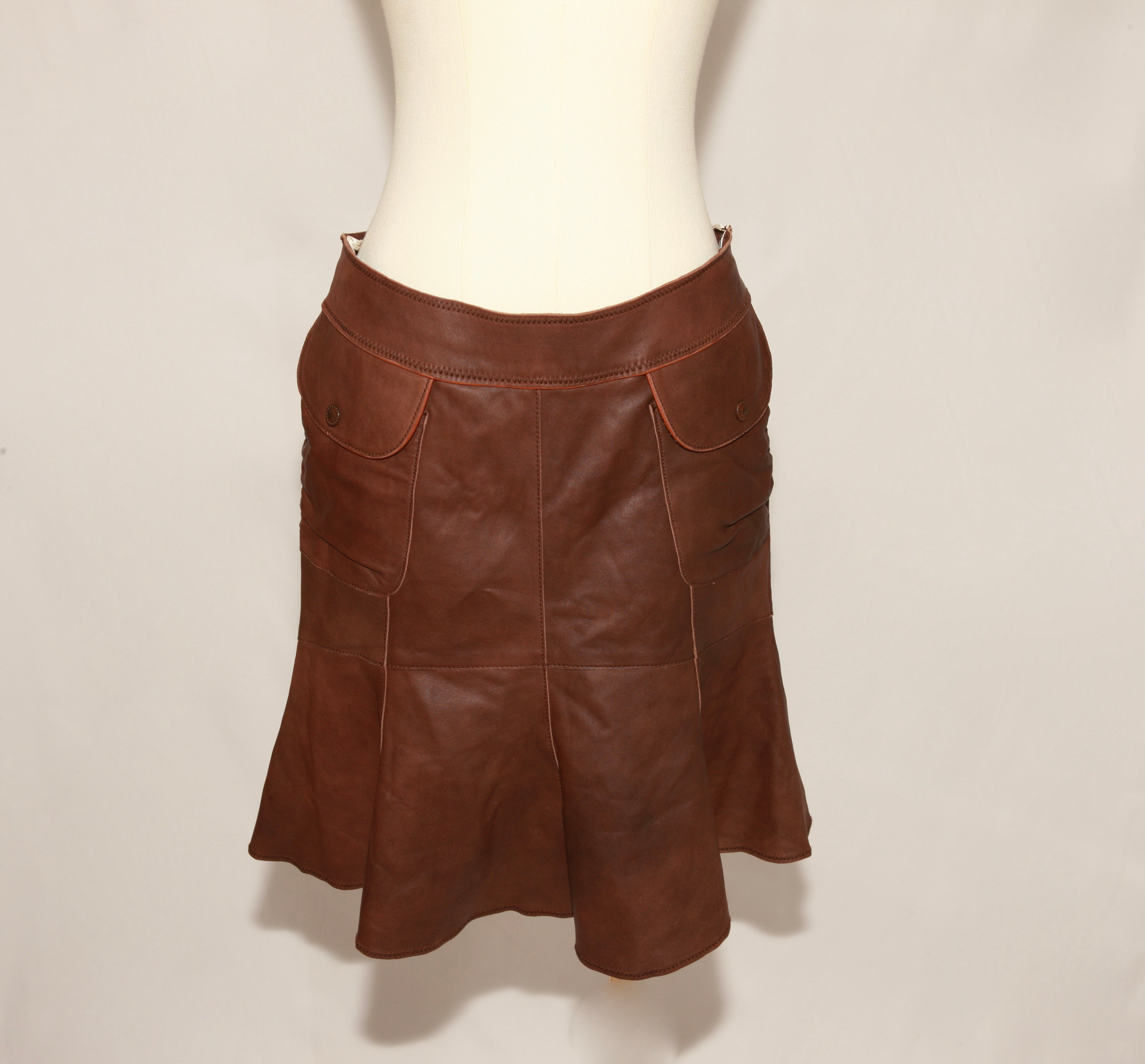VNTG June Cognac Leather Midi Skirt - Size 4