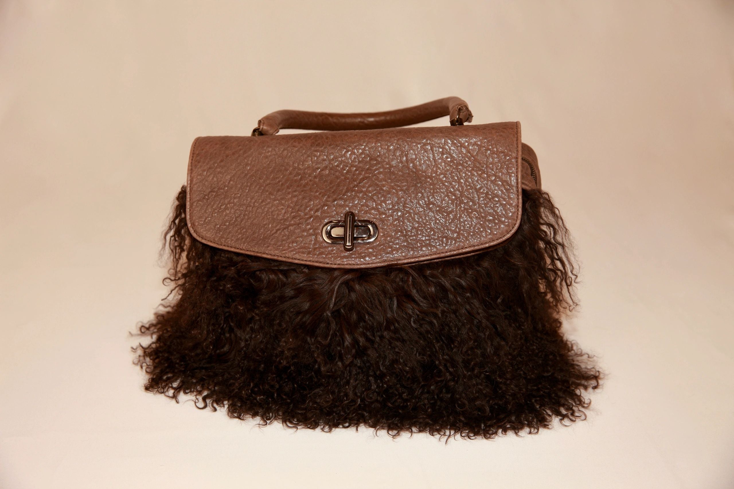 VNTG Cassandra Los Angeles Brown Fur Leather Satchel