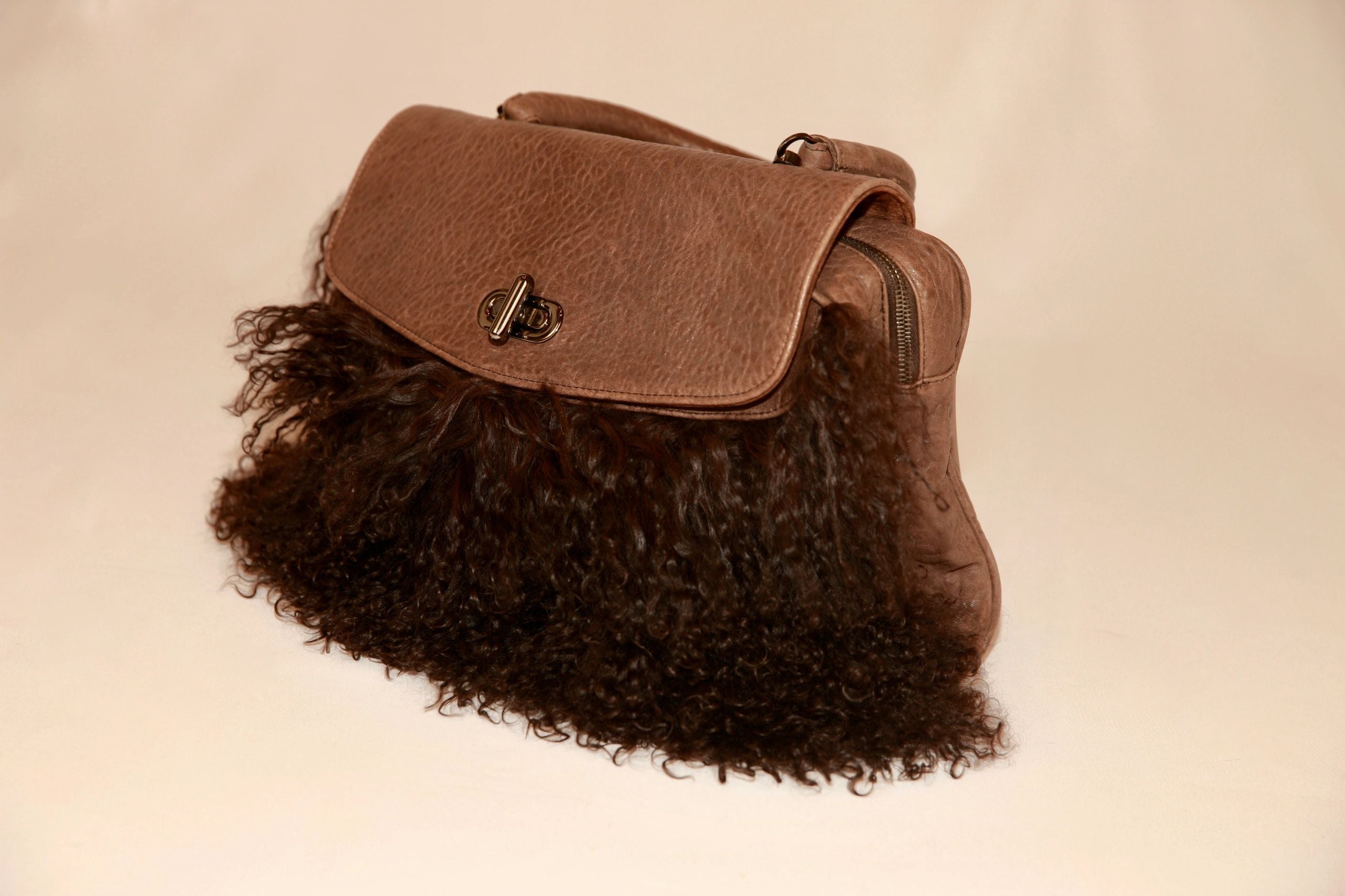 VNTG Cassandra Los Angeles Brown Fur Leather Satchel