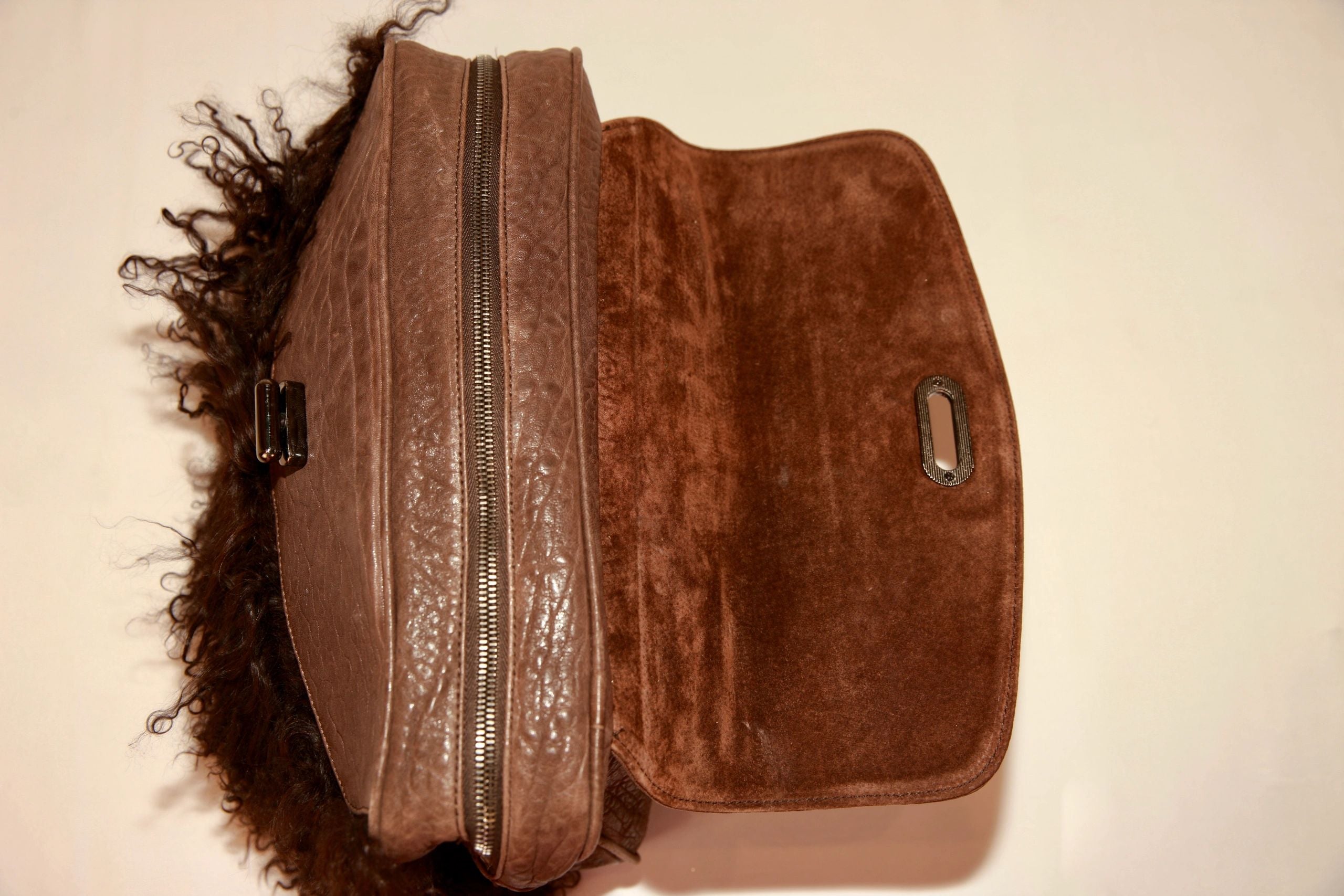 VNTG Cassandra Los Angeles Brown Fur Leather Satchel