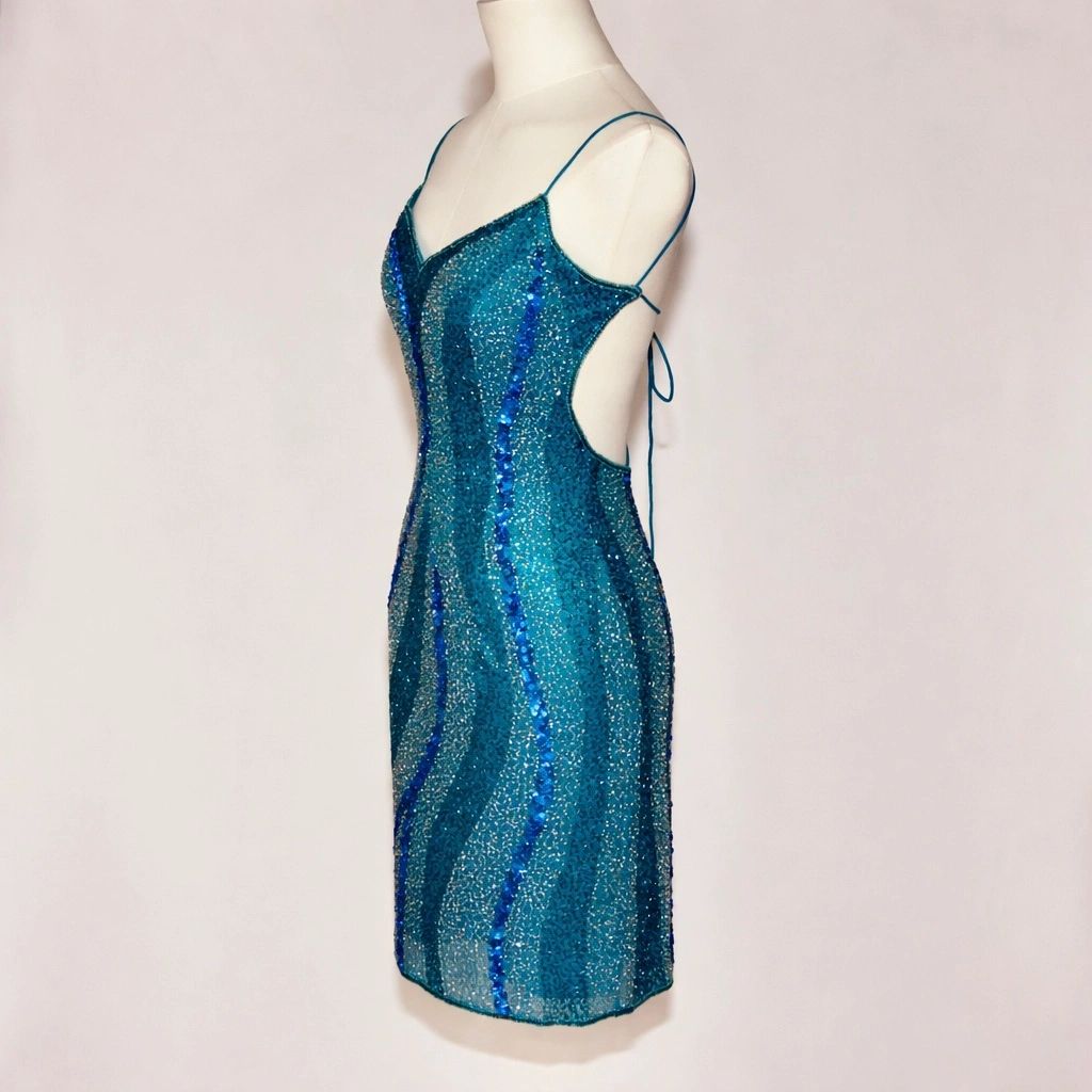 VNTG Vintage Scala Silk Beaded Open-Back Dress - Size Small