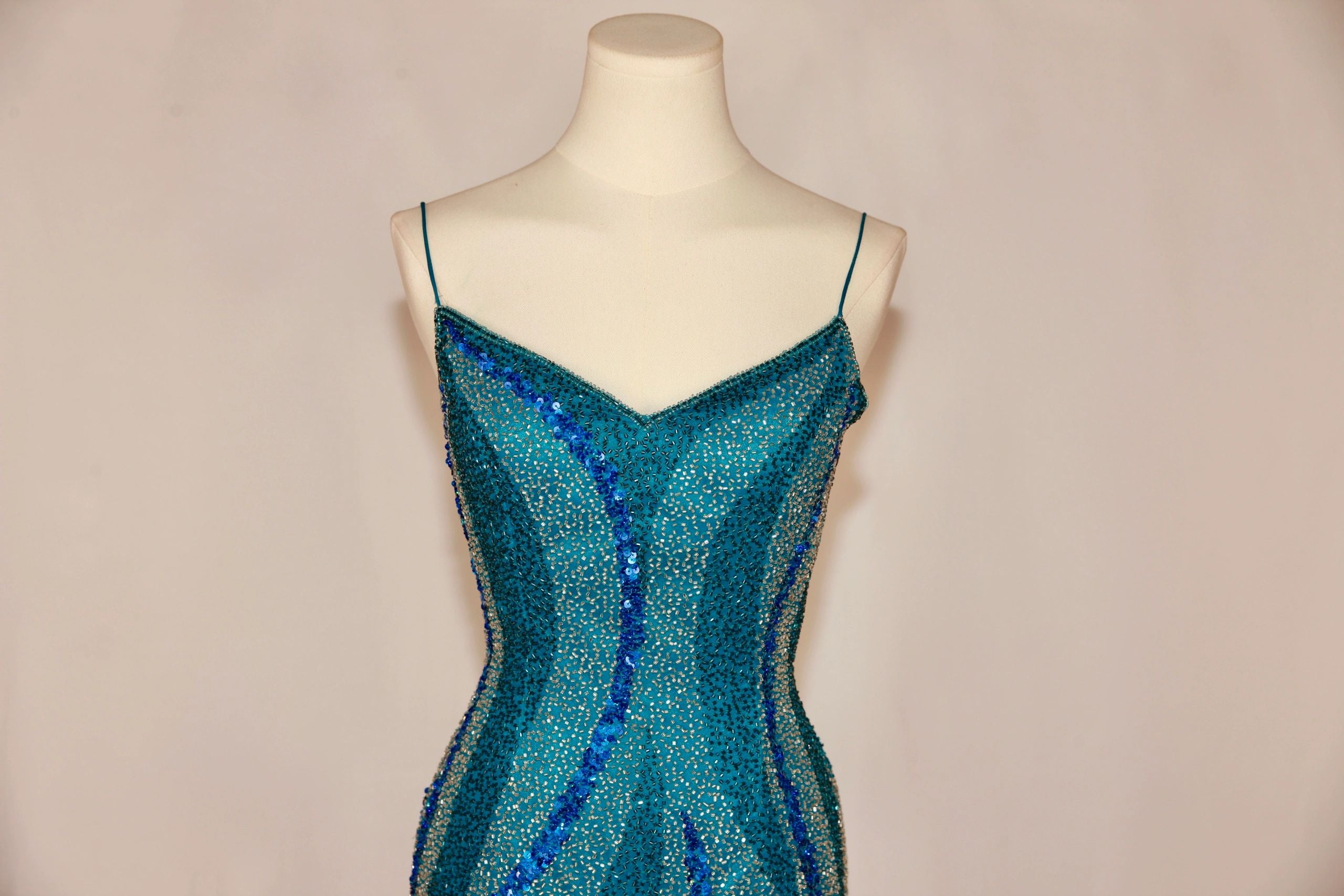 VNTG Vintage Scala Silk Beaded Open-Back Dress - Size Small