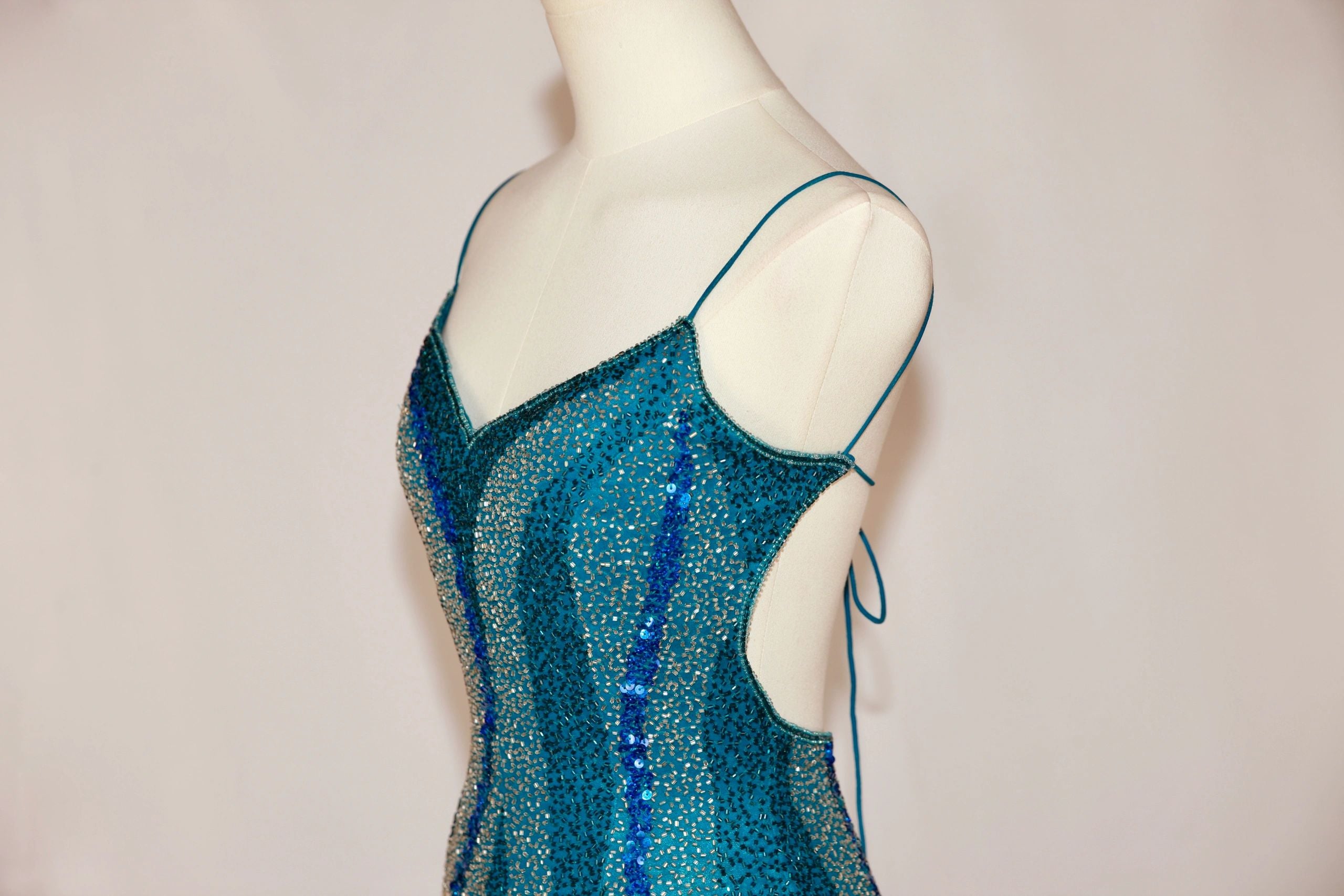 VNTG Vintage Scala Silk Beaded Open-Back Dress - Size Small