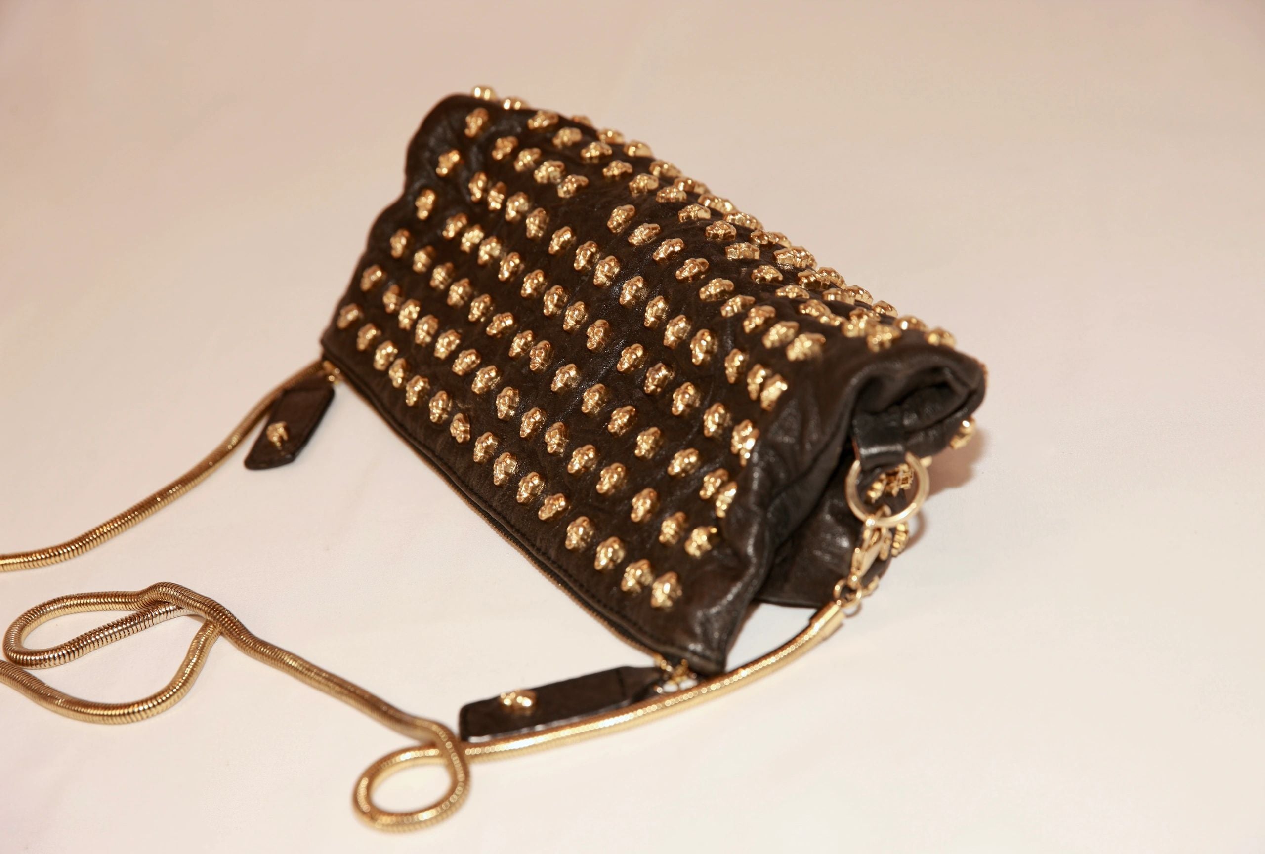 VNTG Thomas Wylde Black Leather Gold Skull Stud Crossbody