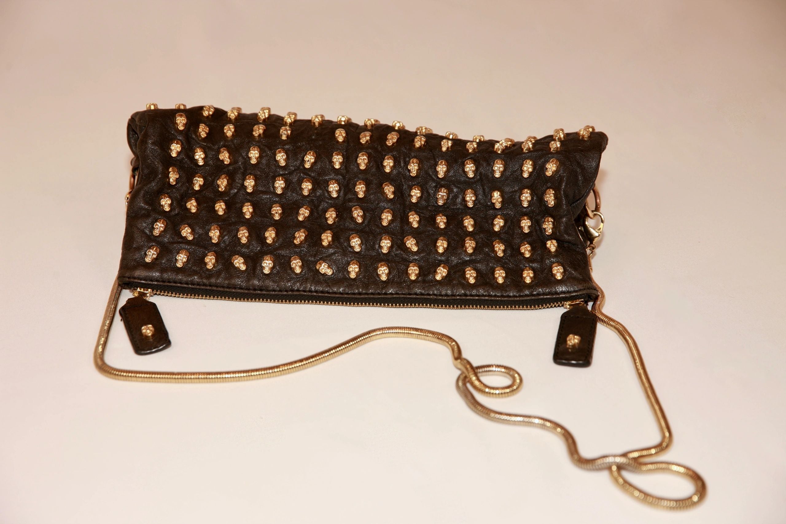 VNTG Thomas Wylde Black Leather Gold Skull Stud Crossbody