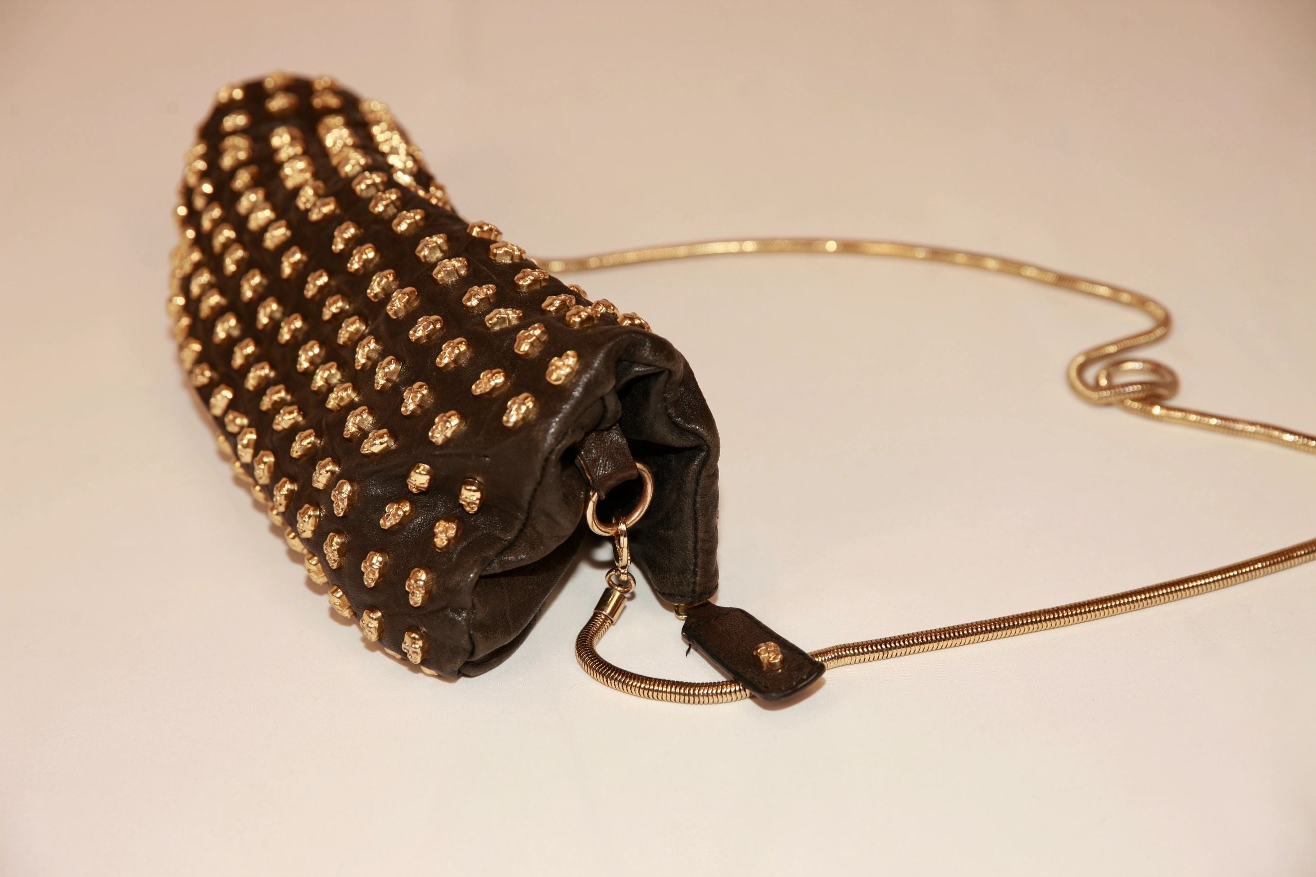 VNTG Thomas Wylde Black Leather Gold Skull Stud Crossbody