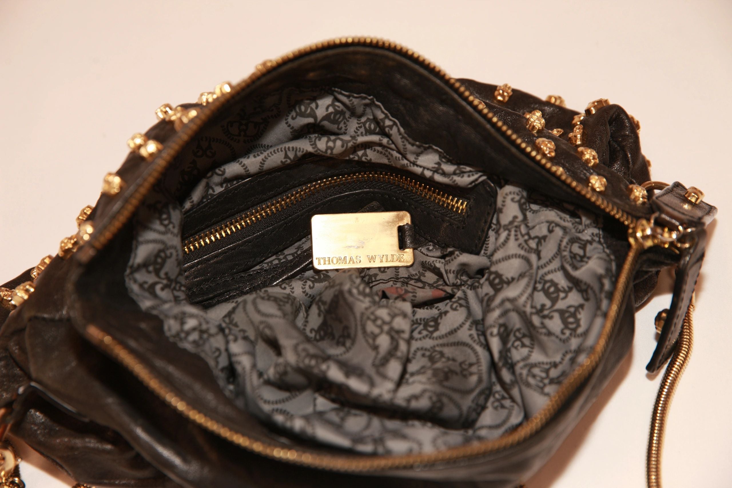 VNTG Thomas Wylde Black Leather Gold Skull Stud Crossbody